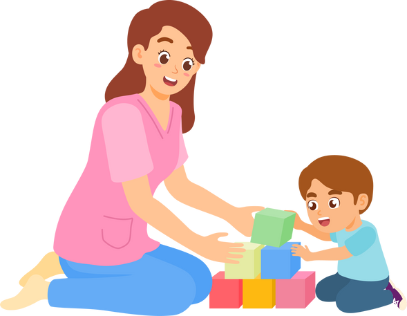 children play blocks tower with occupational therapist or teacher